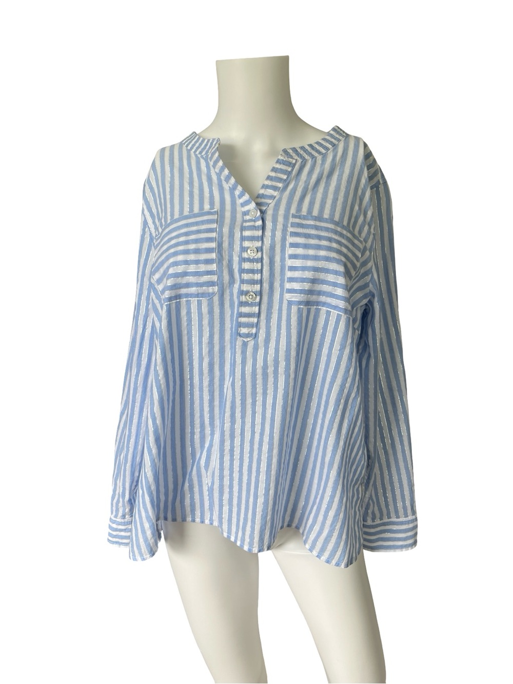 Talbots Striped Blouse Blue Silver White Cotton womens Size Large Petite LP